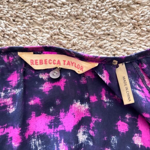 Rebecca Taylor 100% Silk Blouse Purple Blue Abstract 3/4 Sleeves Tie front XS - Picture 2 of 3